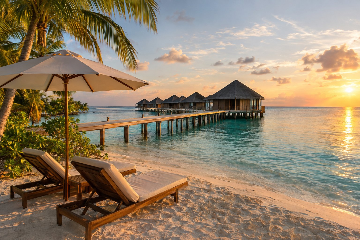 An over-the-water bungalow walkway and empty loungers on a Caribbean beach at sunset