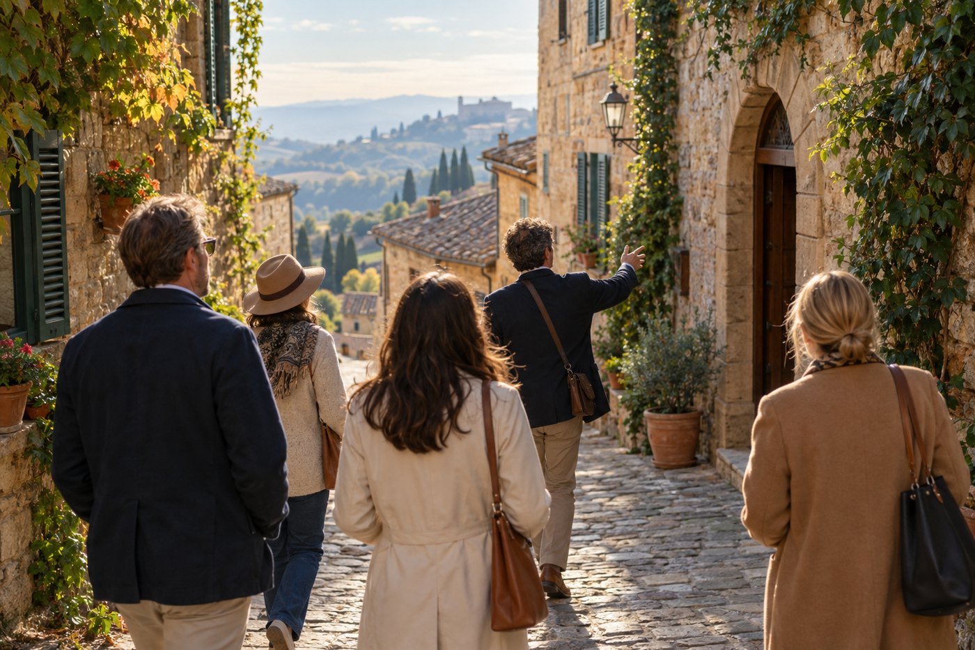 A small group of travelers walking a cobblestone lane in a European hill town with a guide pointing ahead