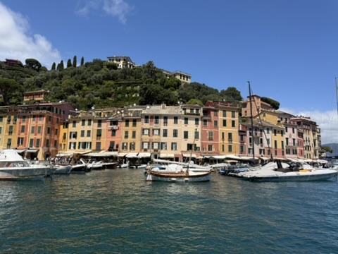Pastel buildings and boats in the harbor at Portofino, Italy