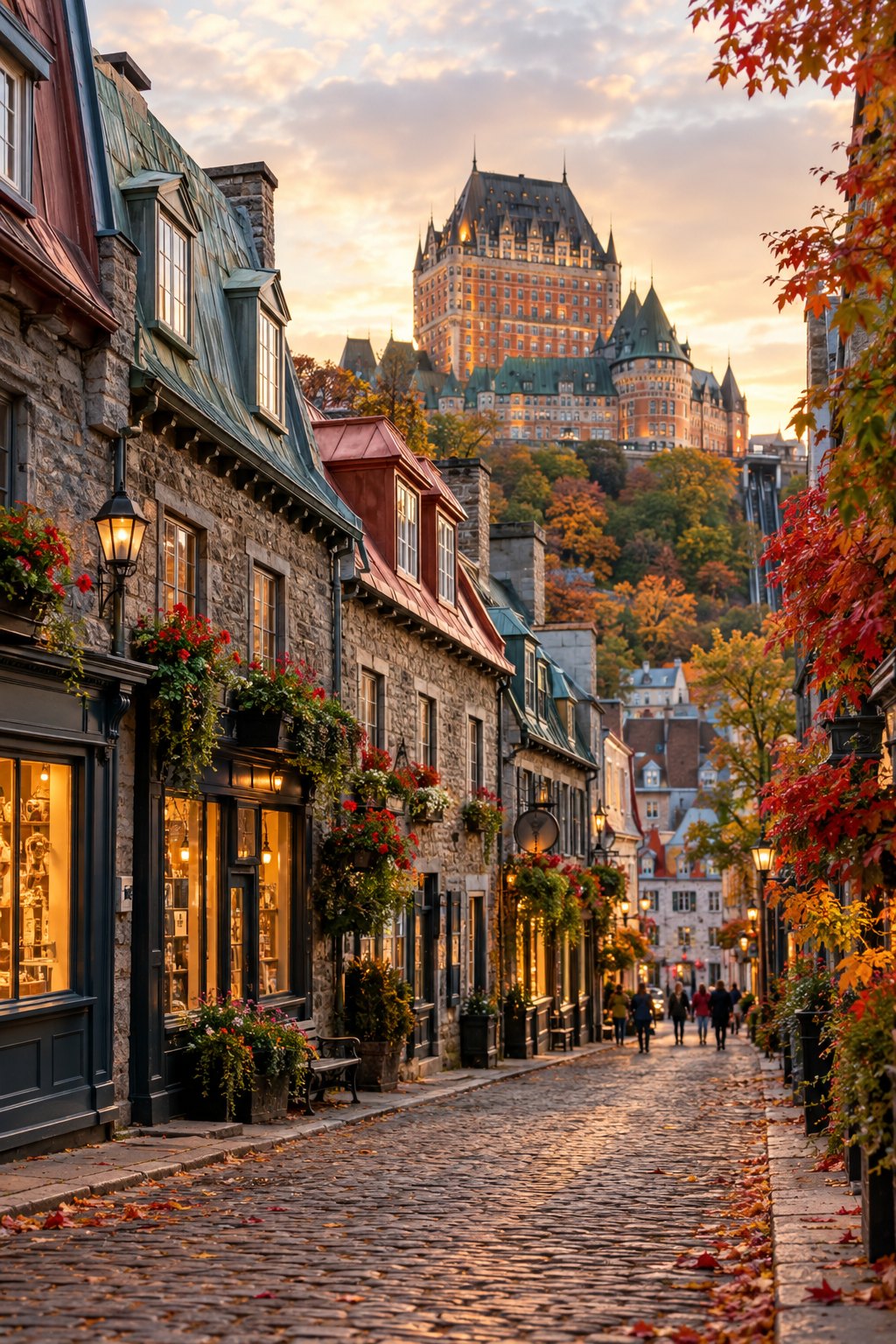 A cobblestone street in Old Québec at golden hour with autumn leaves and the Château Frontenac above